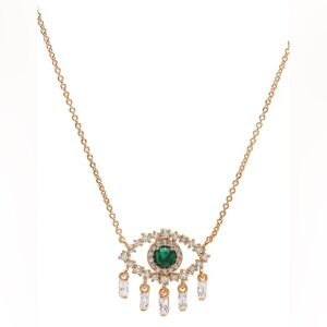 Gold Simple Chain Necklace with Clear Baguette and Malachite Eye